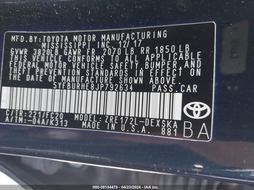 2018 TOYOTA COROLLA L/LE/XLE/SE/XSE - 5YFBURHE8JP792634