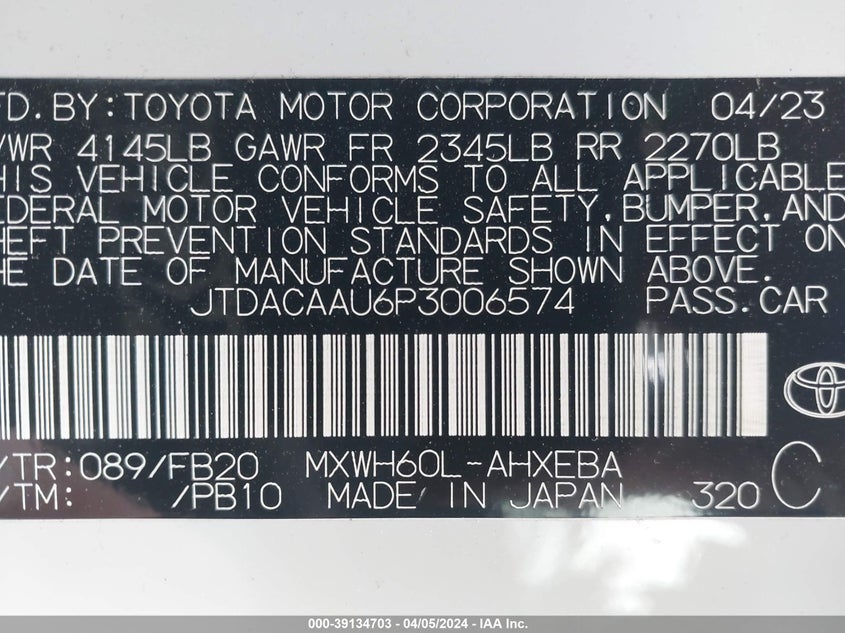VIN JTDACAAU6P3006574 2023 TOYOTA PRIUS LE/XLE/LIMITED