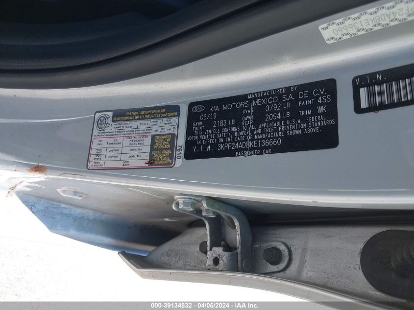 2019 Kia Forte Lxs VIN: 3KPF24AD8KE136660 Lot: 39134832