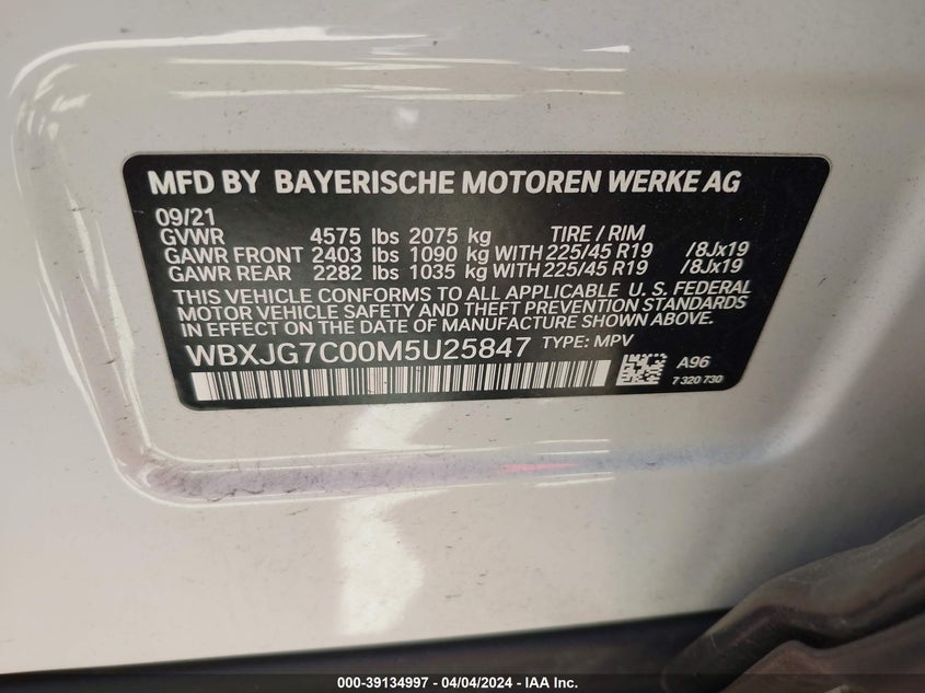 2021 BMW X1 SDRIVE28I VIN: WBXJG7C00M5U25847