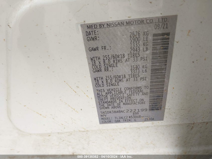 2022 NISSAN PATHFINDER SV - 5N1DR3BA6NC222199