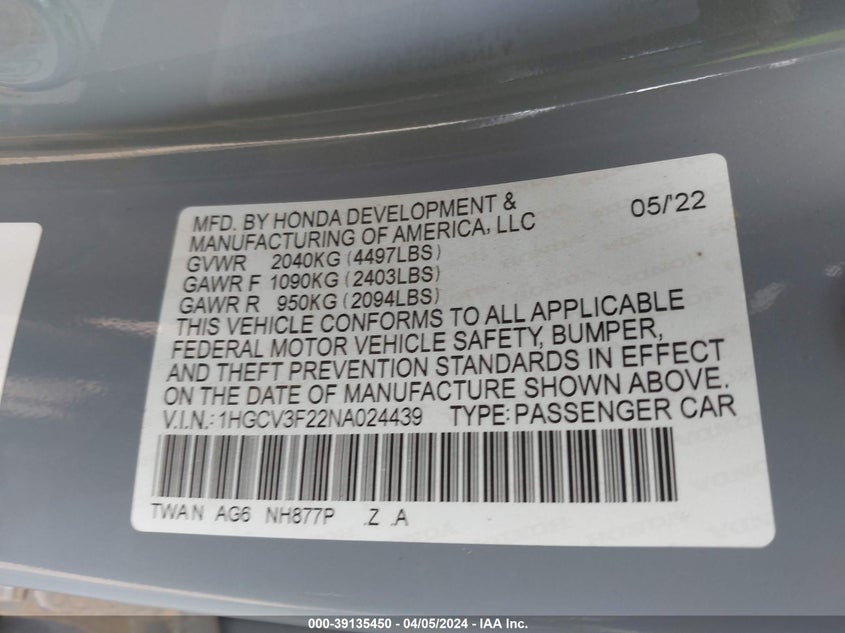VIN 1HGCV3F22NA024439 2022 HONDA ACCORD HYBRID SPORT