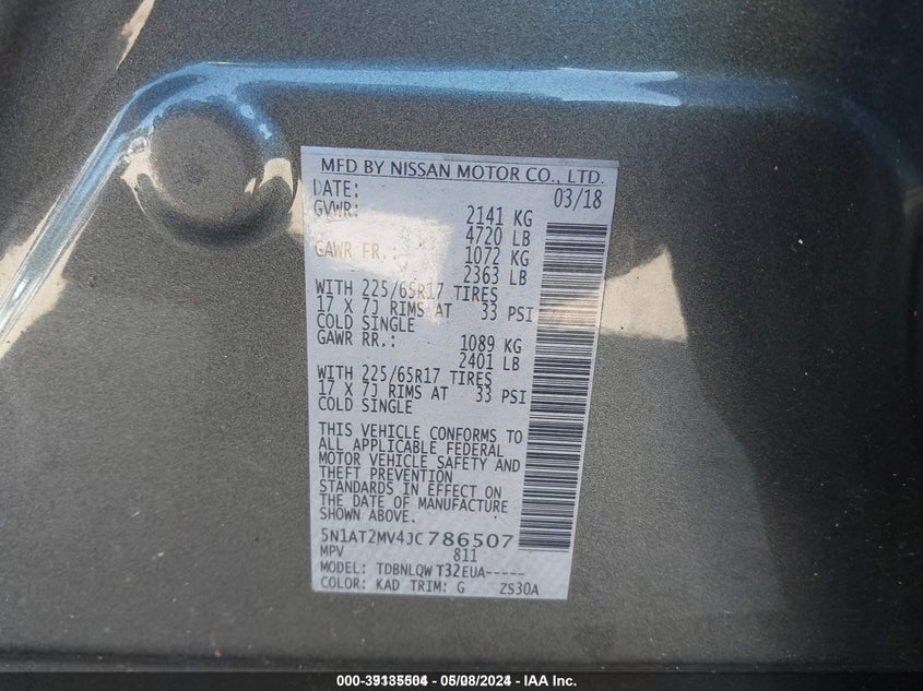 2018 NISSAN ROGUE SV - 5N1AT2MV4JC786507