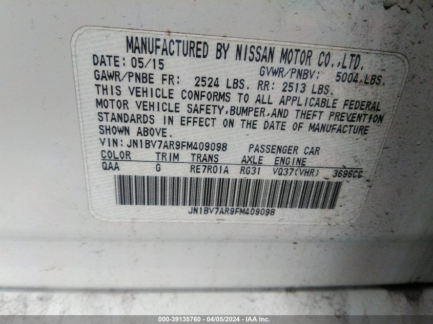 2015 INFINITI Q50 PREMIUM/SPORT - JN1BV7AR9FM409098