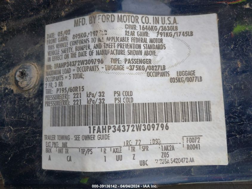 1FAHP34372W309796 2002 Ford Focus Se