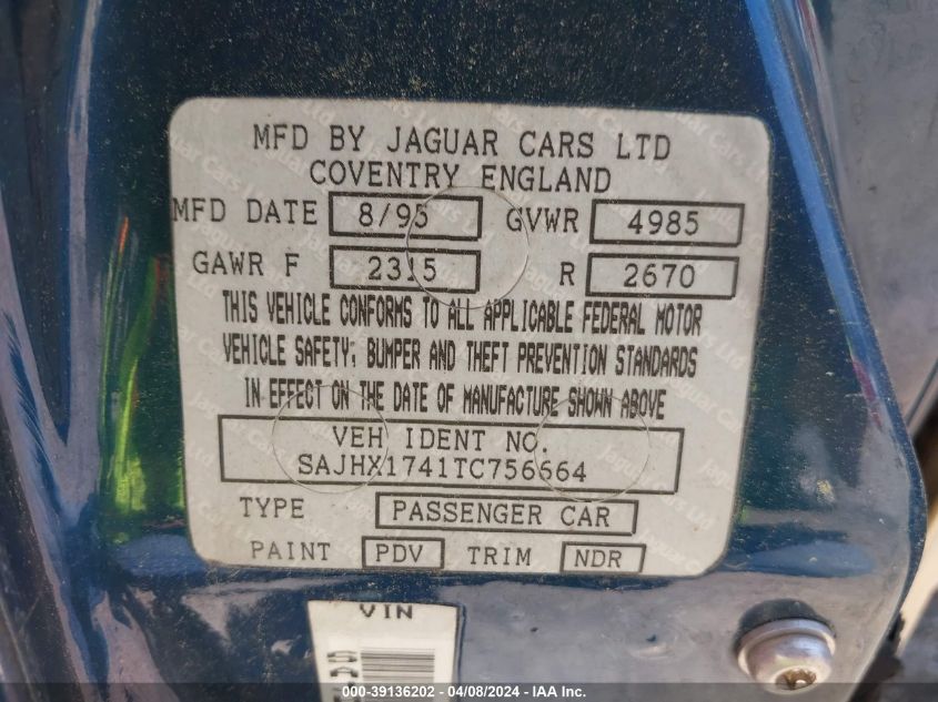 1996 Jaguar Xj6 VIN: SAJHX1741TC756664 Lot: 39136202