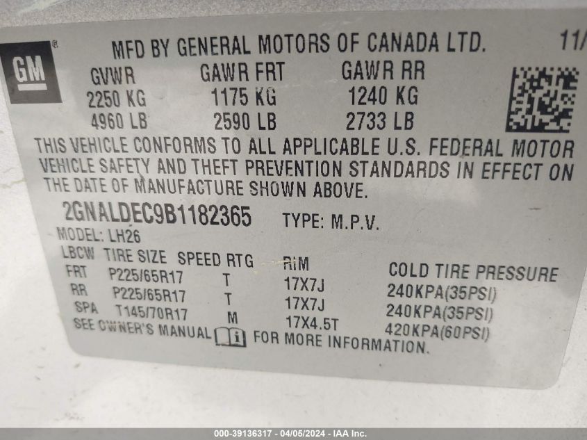 2GNALDEC9B1182365 2011 Chevrolet Equinox 1Lt