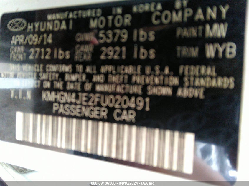 2015 HYUNDAI GENESIS 3.8L - KMHGN4JE2FU020491