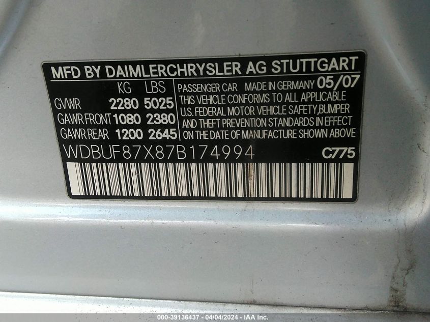 WDBUF87X87B174994 | 2007 MERCEDES-BENZ E 350