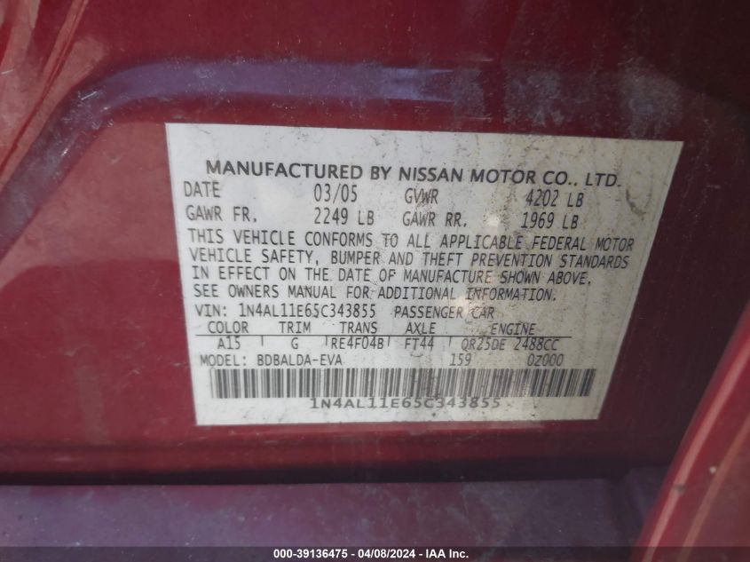 1N4AL11E65C343855 | 2005 NISSAN ALTIMA