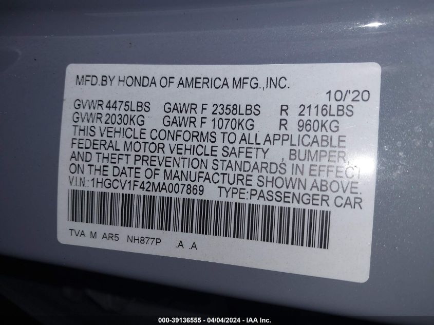 1HGCV1F42MA007869 | 2021 HONDA ACCORD