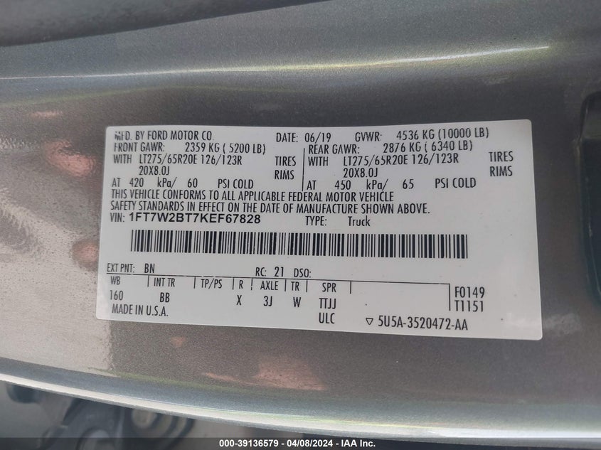 2019 FORD F-250 PLATINUM - 1FT7W2BT7KEF67828