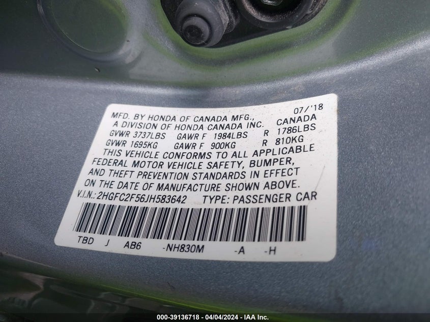 VIN 2HGFC2F56JH583642 2018 HONDA CIVIC LX