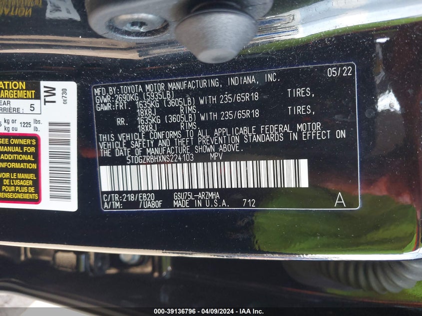 2022 TOYOTA HIGHLANDER VIN: 5TDGZRBHXNS224103