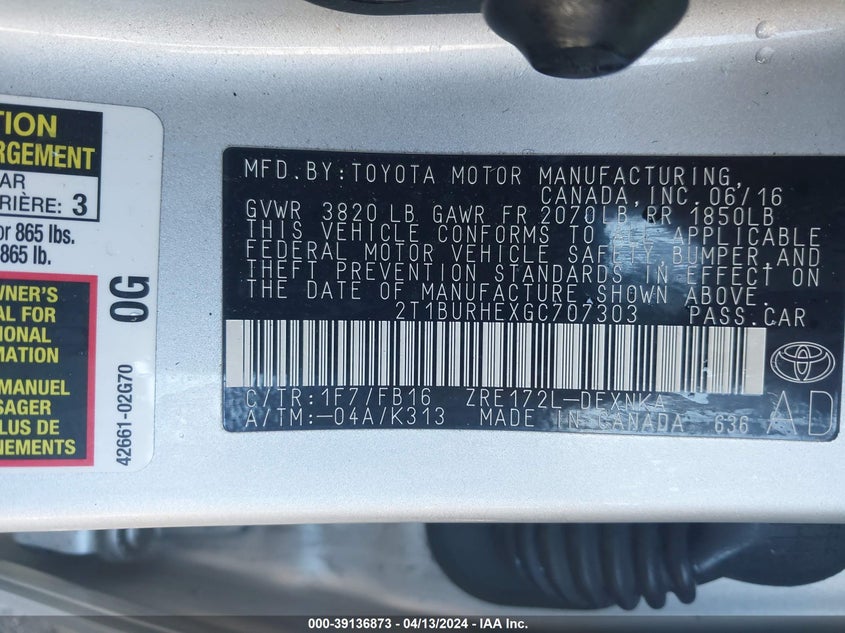 2016 TOYOTA COROLLA L/LE/LE PLS/PRM/S/S PLS - 2T1BURHEXGC707303