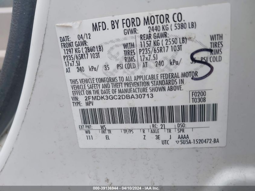 2FMDK3GC2DBA30713 2013 Ford Edge Se