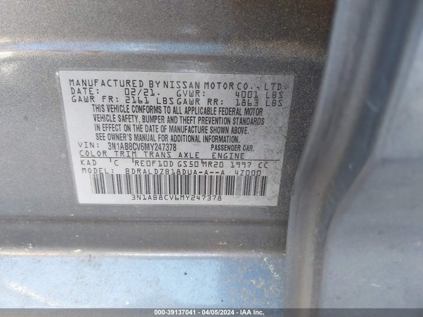 VIN 3N1AB8CV6MY247378 2021 NISSAN SENTRA SV