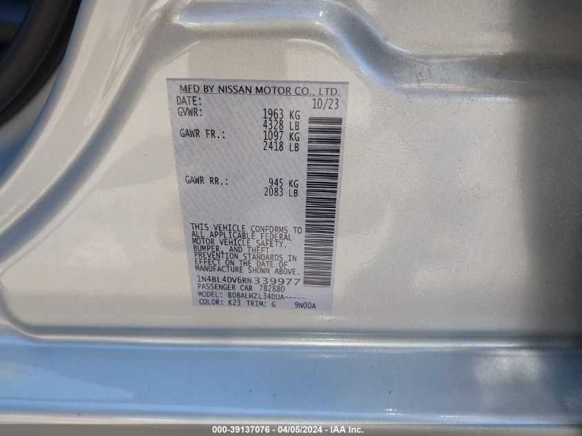 VIN 1N4BL4DV6RN339977 2024 NISSAN ALTIMA SV