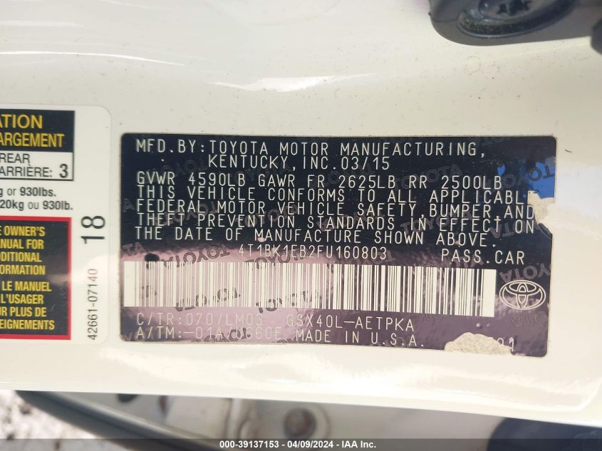 4T1BK1EB2FU160803 2015 Toyota Avalon Limited