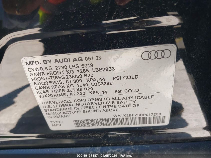 2024 Audi Q4 E-Tron Premium 50 Quattro VIN: WA1K2BFZ3RP017250 Lot: 39137187