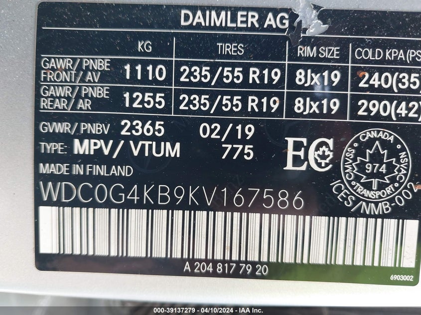 VIN WDC0G4KB9KV167586 2019 MERCEDES-BENZ GLC 300 4MATIC