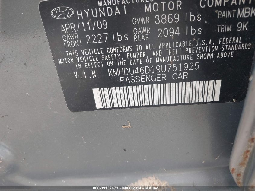 KMHDU46D19U751925 | 2009 HYUNDAI ELANTRA