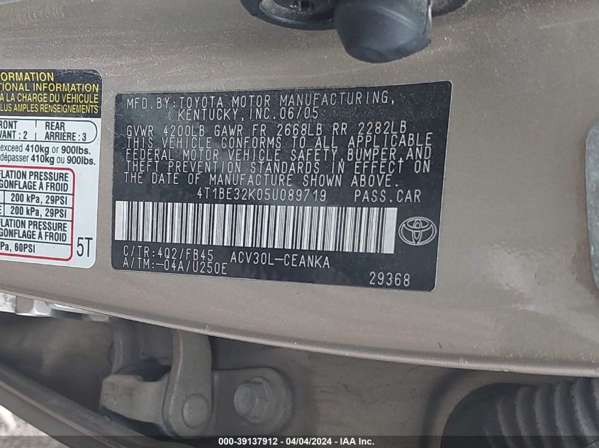 4T1BE32K05U089719 | 2005 TOYOTA CAMRY