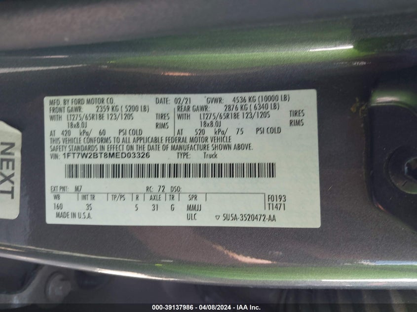 2021 FORD F-250 XLT - 1FT7W2BT8MED03326