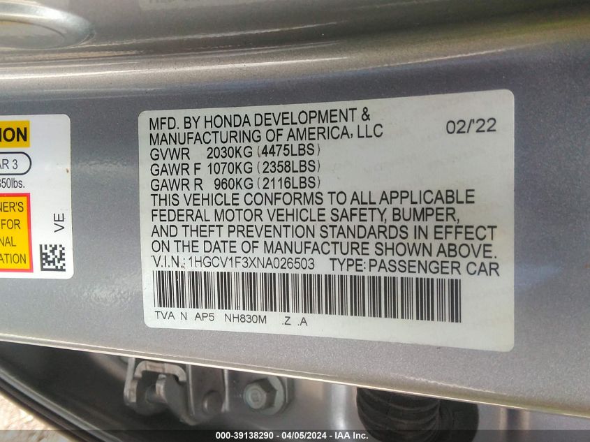 1HGCV1F3XNA026503 | 2022 HONDA ACCORD