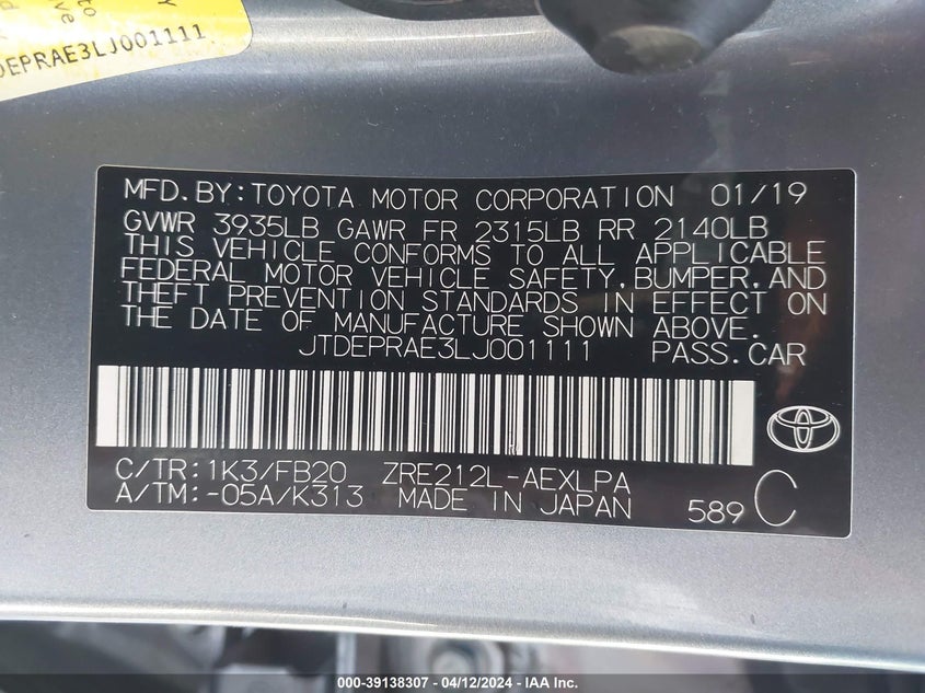 VIN JTDEPRAE3LJ001111 2020 TOYOTA COROLLA LE