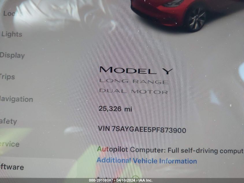 2023 Tesla Model Y Awd/Long Range Dual Motor All-Wheel Drive VIN: 7SAYGAEE5PF873900 Lot: 39138387