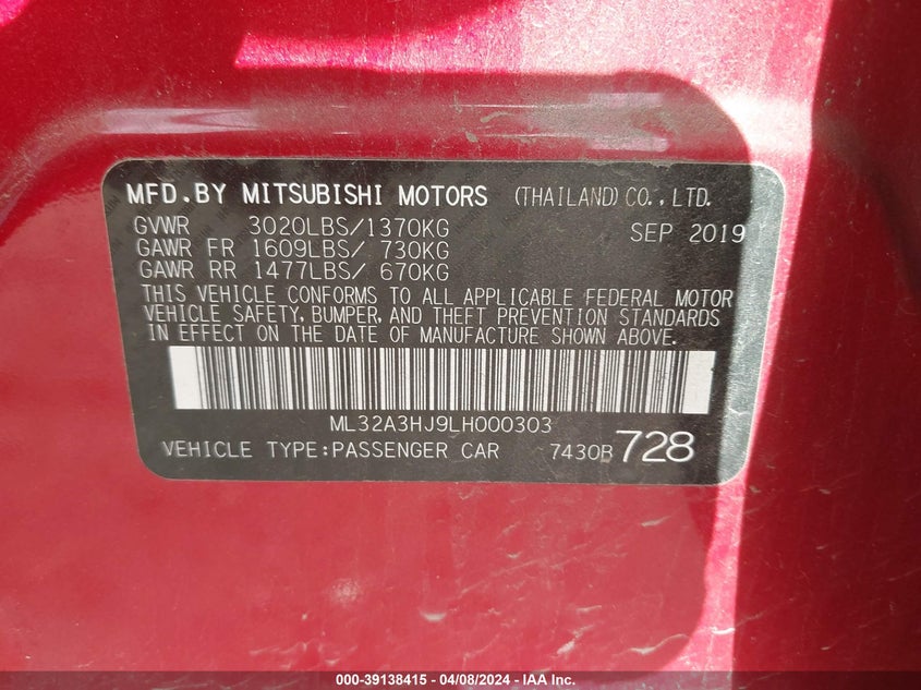 VIN ML32A3HJ9LH000303 2020 MITSUBISHI MIRAGE ES