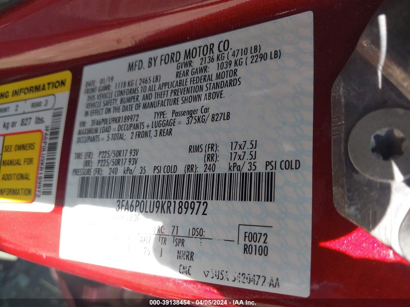 2019 FORD FUSION HYBRID SE - 3FA6P0LU9KR189972