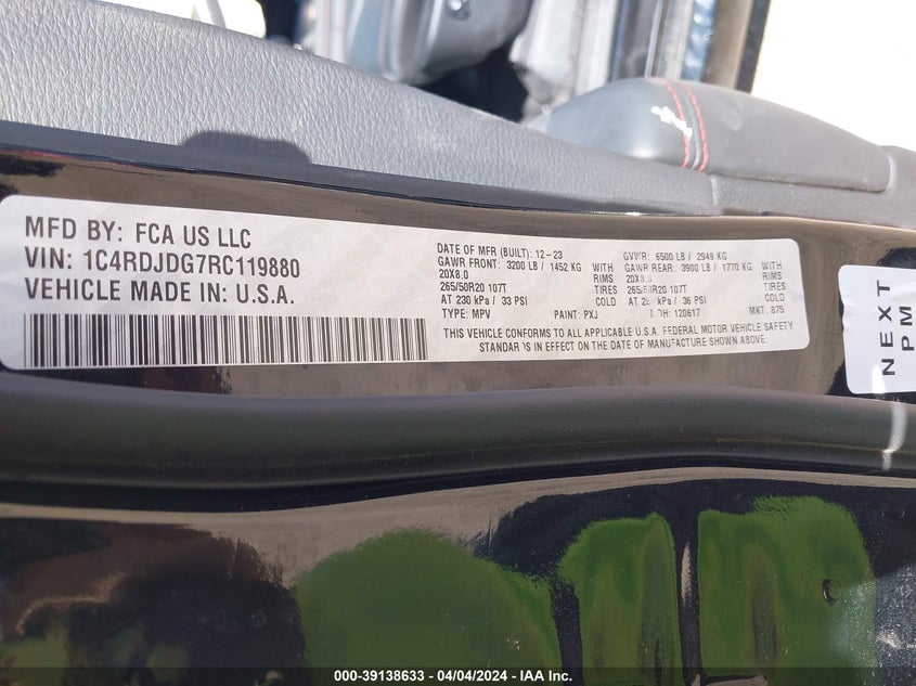 2024 DODGE DURANGO 3.6L V-6 DOHC, VVT, (VIN: 1C4RDJDG7RC119880