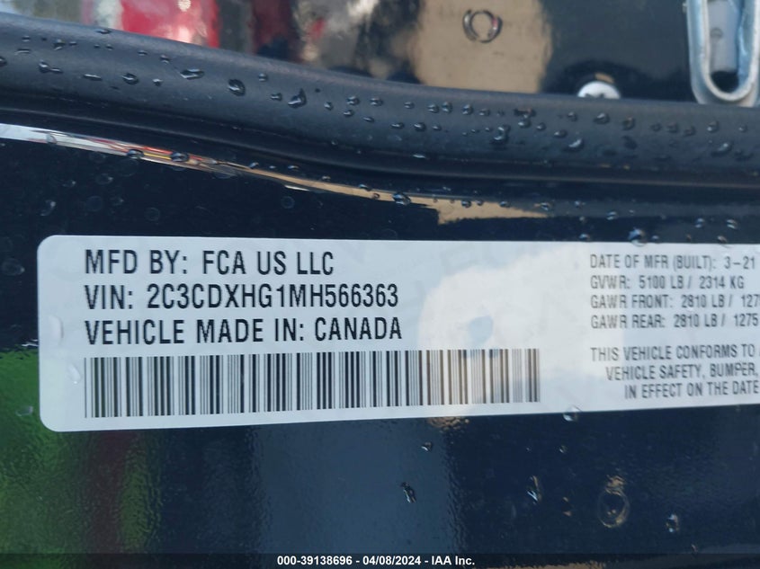 VIN 2C3CDXHG1MH566363 2021 DODGE CHARGER GT RWD