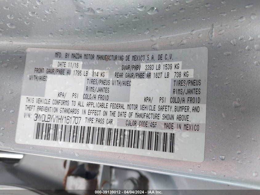 VIN 3MYDLBYV1HY161707 2017 TOYOTA YARIS IA