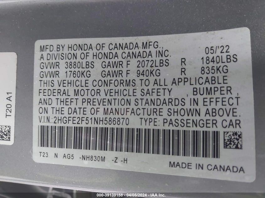 2022 HONDA CIVIC SPORT - 2HGFE2F51NH586870