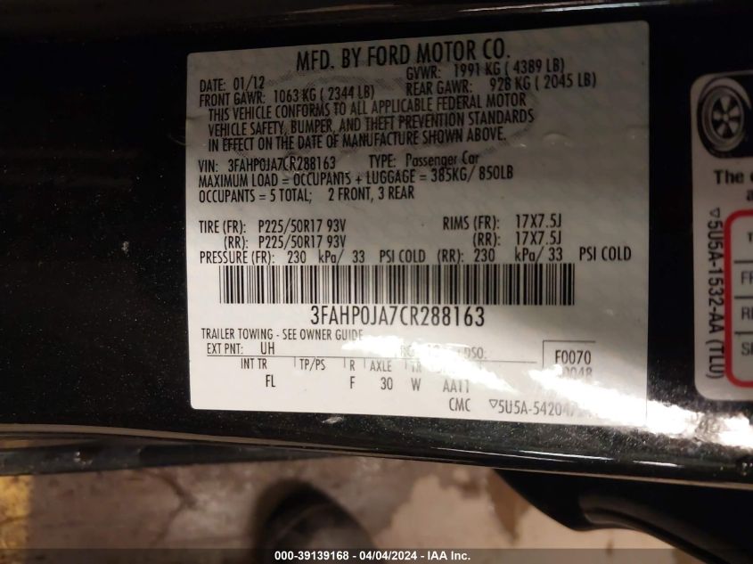 3FAHP0JA7CR288163 | 2012 FORD FUSION