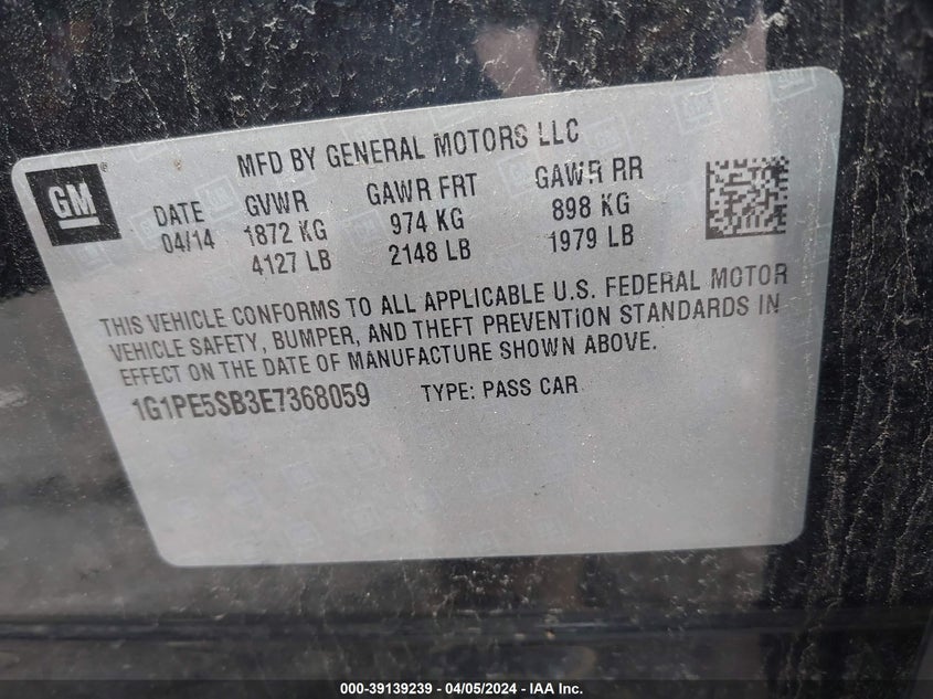 2014 CHEVROLET CRUZE VIN: 1G1PE5SB3E7368059