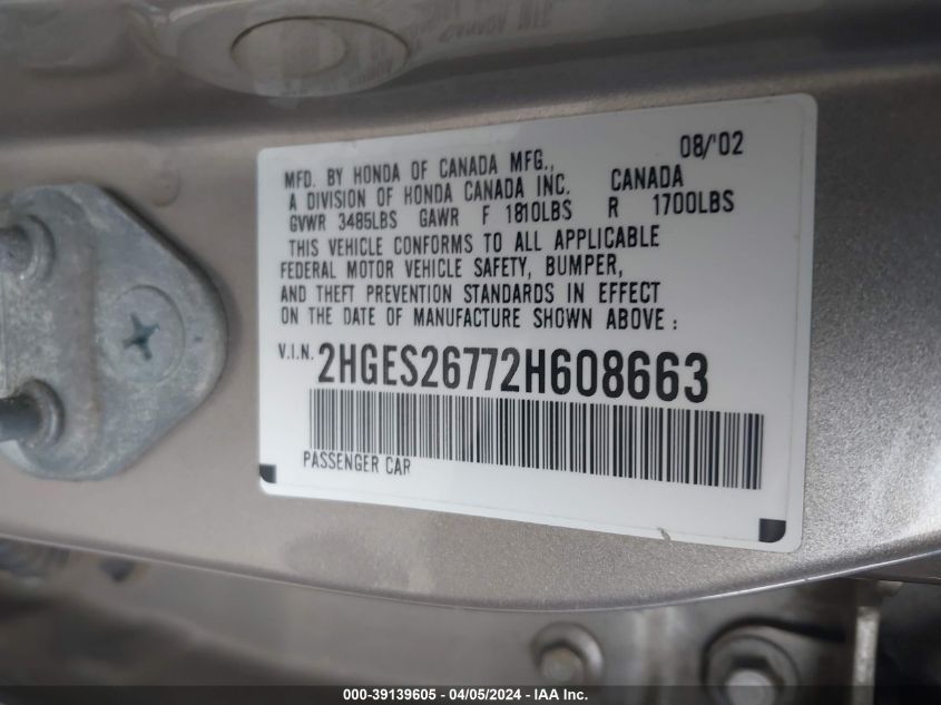 2HGES26772H608663 | 2002 HONDA CIVIC