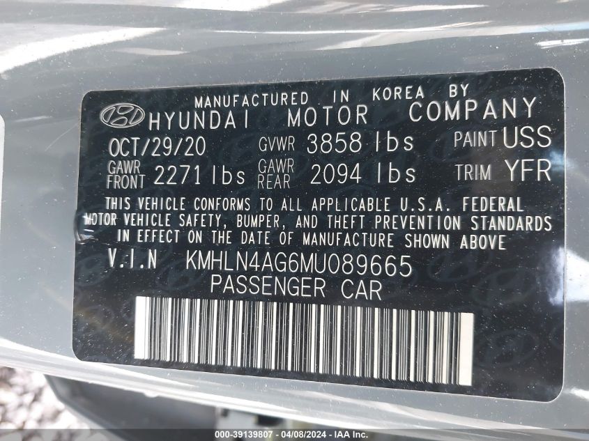 2021 Hyundai Elantra Sel VIN: KMHLN4AG6MU089665 Lot: 39139807