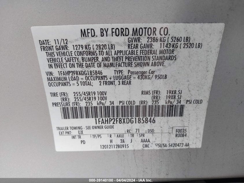 1FAHP2F8XDG185846 | 2013 FORD TAURUS