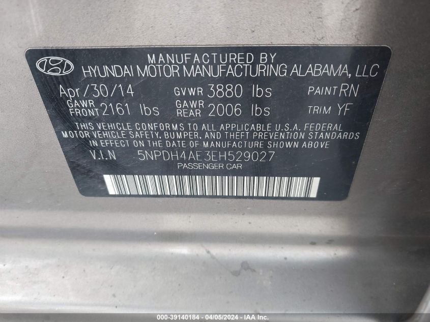 5NPDH4AE3EH529027 | 2014 HYUNDAI ELANTRA