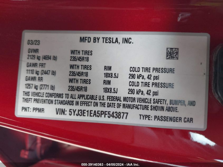 2023 Tesla Model 3 Rear-Wheel Drive VIN: 5YJ3E1EA5PF543877 Lot: 39140363