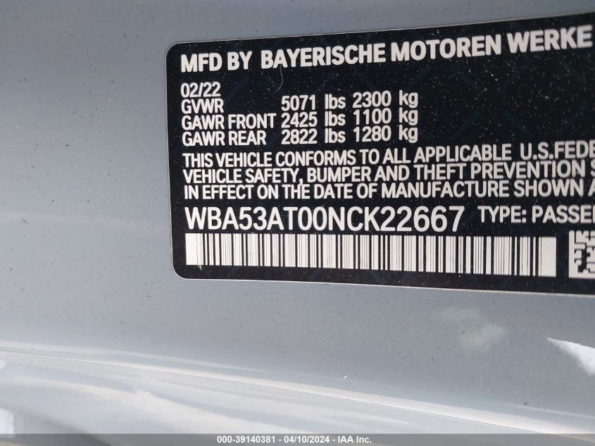 2022 BMW M440I 3.0L V6   N(VIN: WBA53AT00NCK22667
