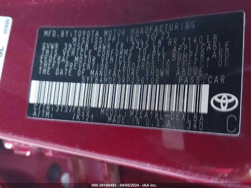 2024 TOYOTA COROLLA LE - 5YFB4MDE3RP096106