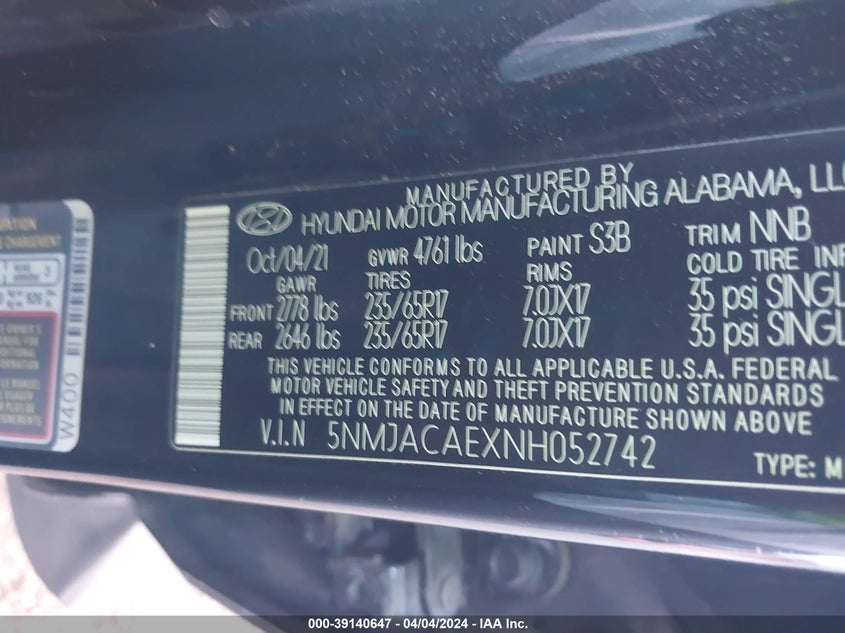 2022 HYUNDAI TUCSON 2.5L I-4 DI, DOHC, V(VIN: 5NMJACAEXNH052742