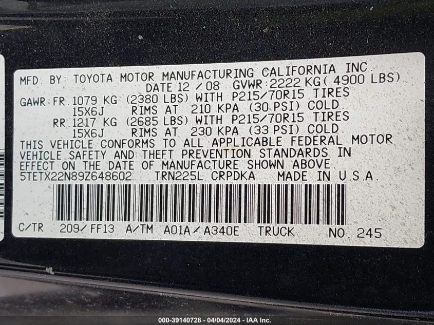 5TETX22N89Z648602 | 2009 TOYOTA TACOMA