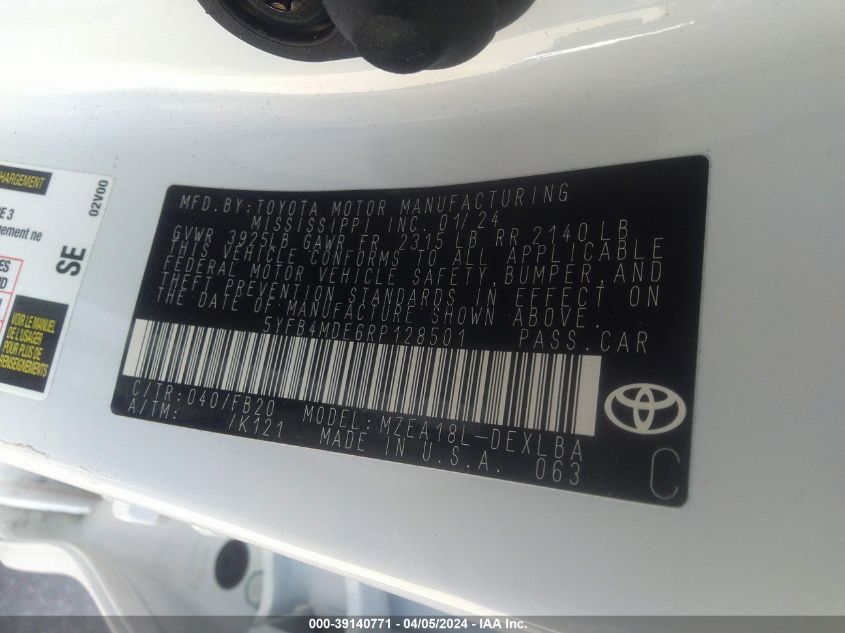 5YFB4MDE6RP128501 | 2024 TOYOTA COROLLA