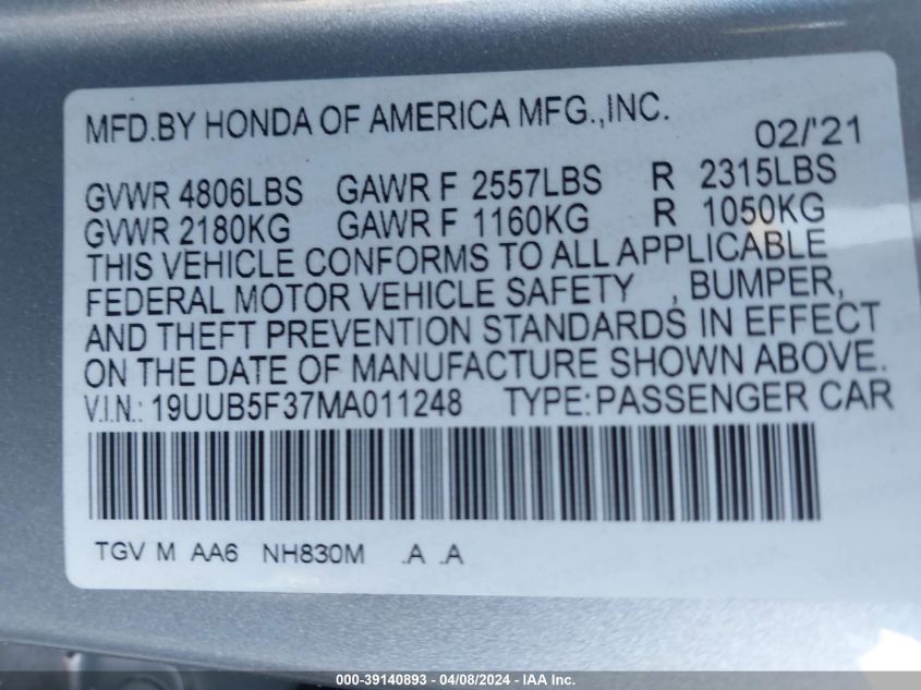 19UUB5F37MA011248 2021 Acura Tlx Standard